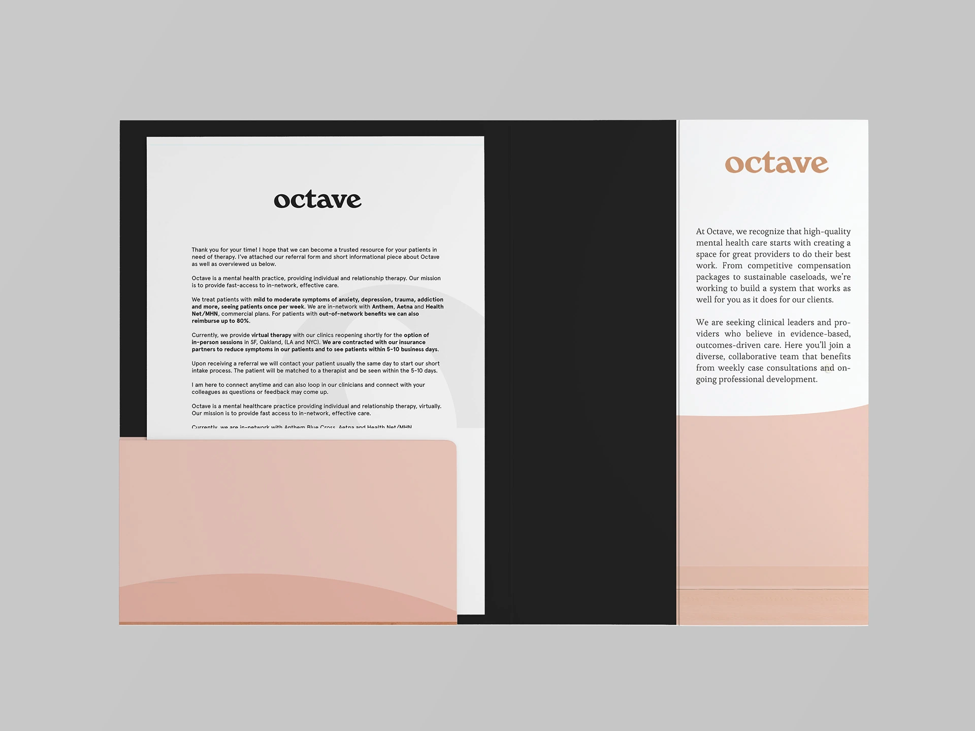 Octave-branded folder, interior spread