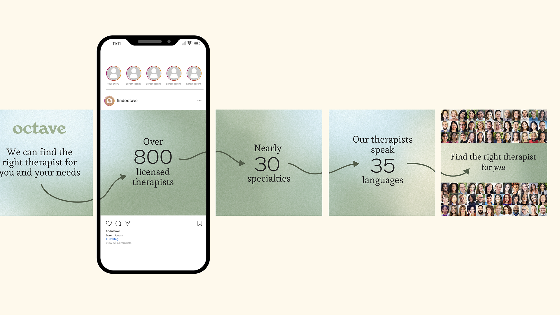 Octave performance creative — Instagram carousel highlighting therapist network stats