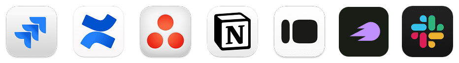 Project management and communication app icons: Trello, Asana, Monday, Notion, Basecamp, Slack